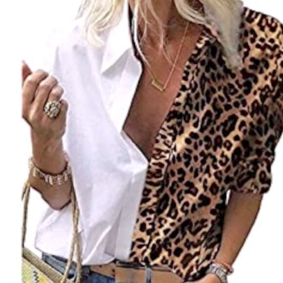 Leopard Print and White Button Down Shirt - Picture 1 of 10